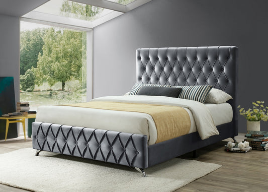 Contemporary Velvet Upholstered Bedframe with Diamond Pattern Details