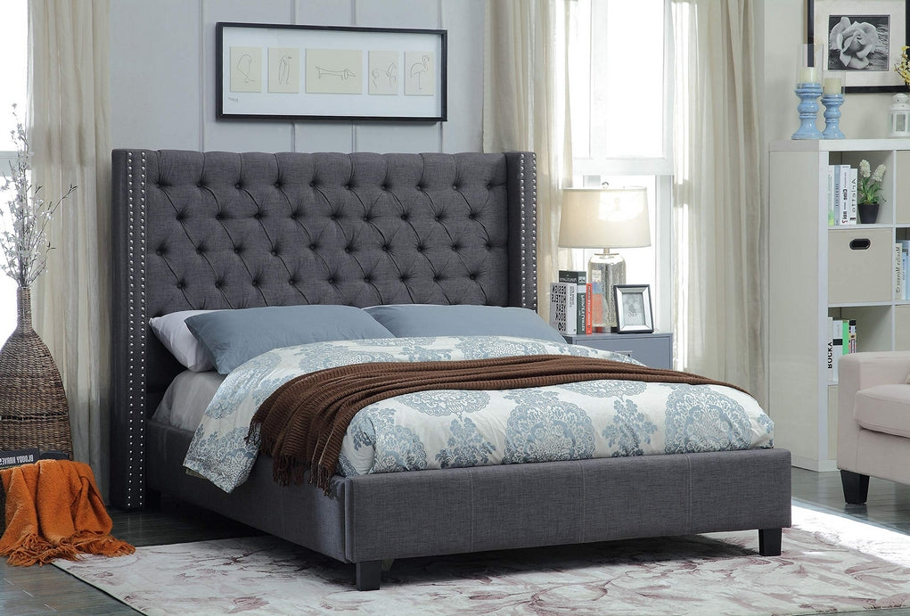 Modern Fabric Wing Bed with Deep Button Tufting and Nailhead Details