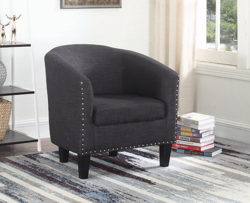 Tub Chair with Wood Frame & Nailheads in Grey Fabric Upholstery