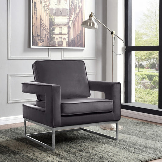 Grey Velvet Accent Chair with Stainless Steel Base in Chrome finish