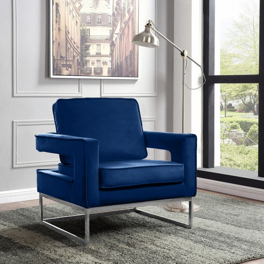 Blue Velvet Accent Chair With Stainless Steel Base in Chrome finish.