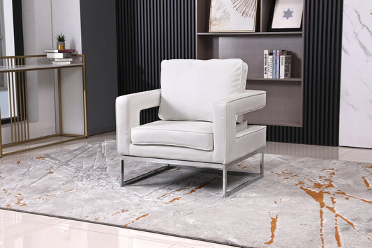 White PU Accent Chair with Stainless Steel Base in Chrome finish