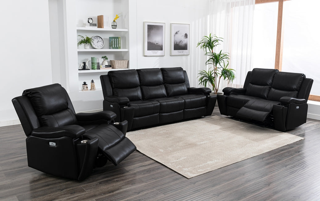 Power Recliner Chair in Black Leather Gel, 2 cup holders and USB.