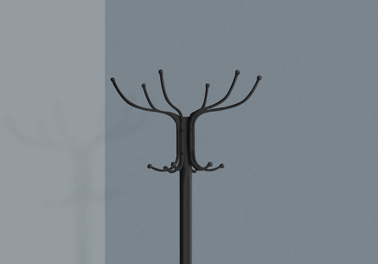 Modern 12 Hook Metal Coat Rack in Black Finish with Umbrella Holder