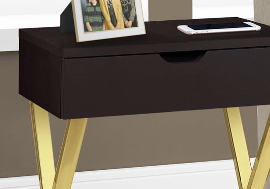 Modern Nightstand in Espresso Finish with Gold Metal Frame