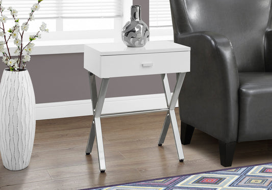 Modern Nightstand in Glossy White Finish with Chrome Metal Frame