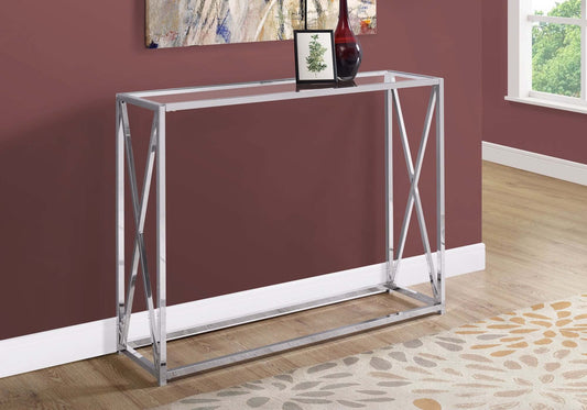 Modern Sofa Table in Chrome Finish with Tempered Glass Tabletop