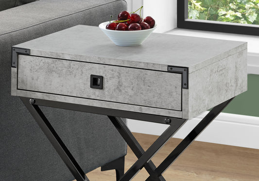Modern Nightstand in Grey Cement Finish with Black Nickel Metal Frame