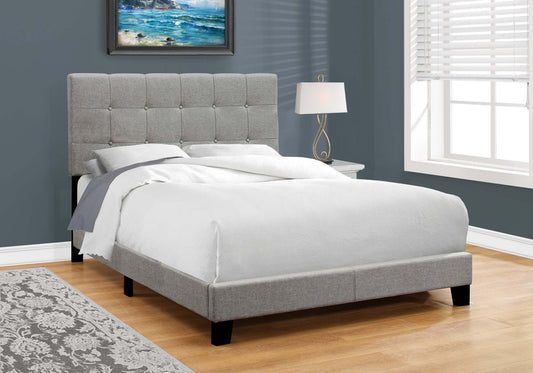 Transitional Upholstered Bed in Grey Linen with Tufted Design