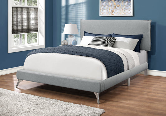 Modern Upholstered Queen Size Bed in Grey Linen with Chrome Legs