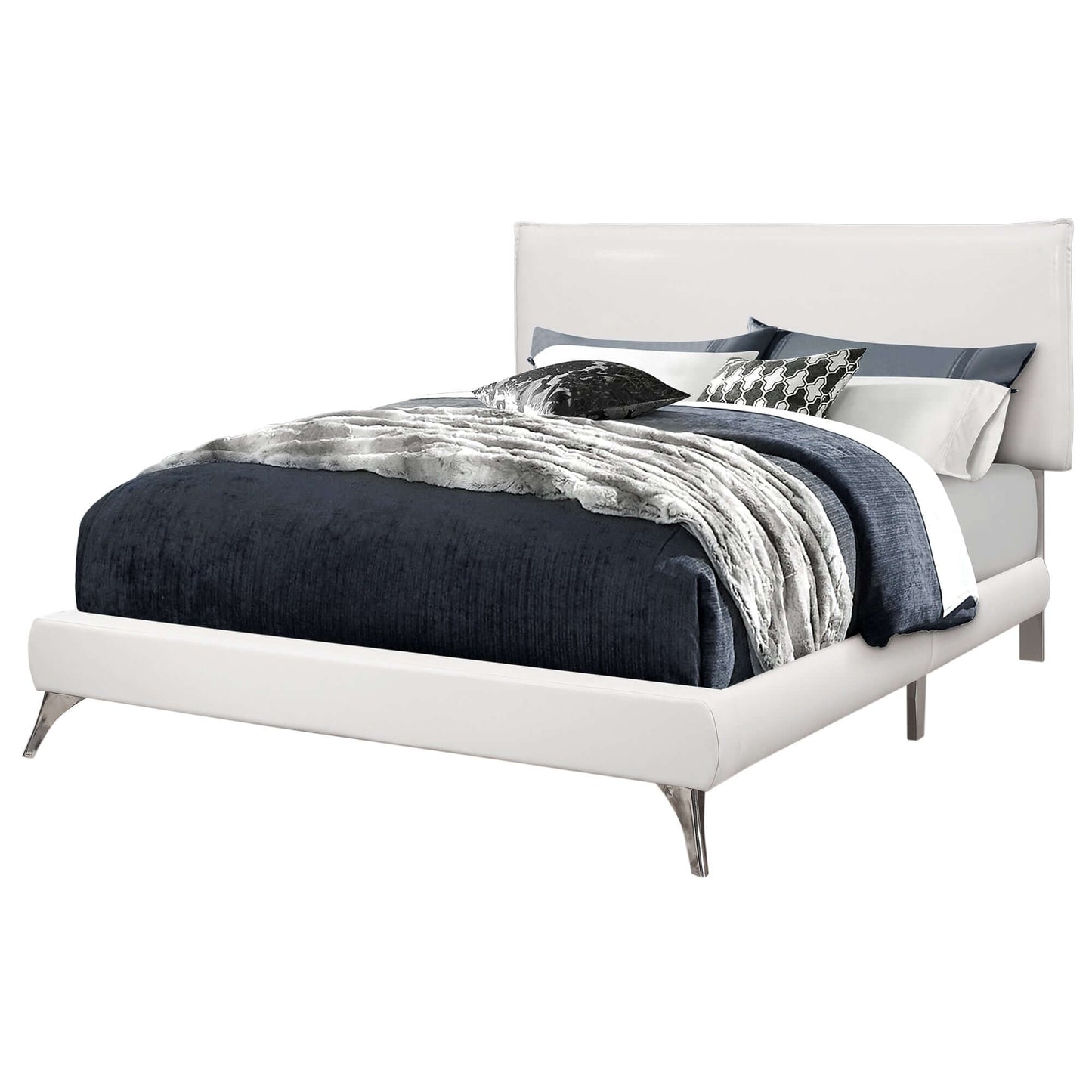 Modern Upholstered Queen Size Bed in White Leather-look with Chrome Legs