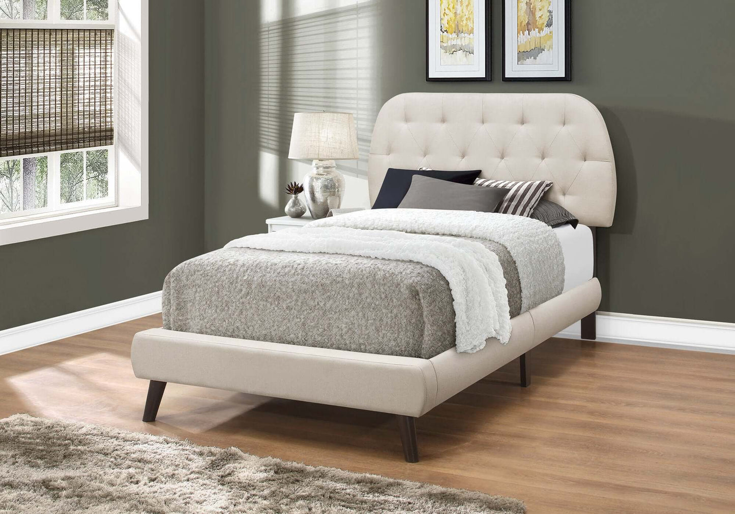 Transitional Twin Size Bed in Beige Linen Fabric with Black Wood Legs