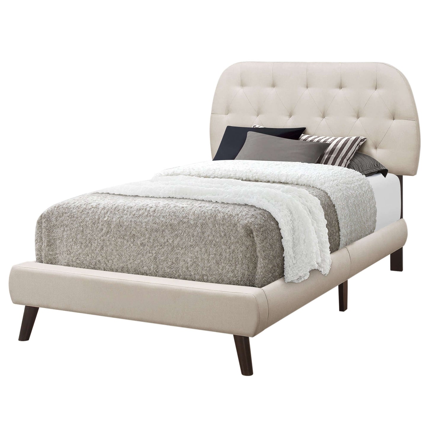 Transitional Twin Size Bed in Beige Linen Fabric with Black Wood Legs