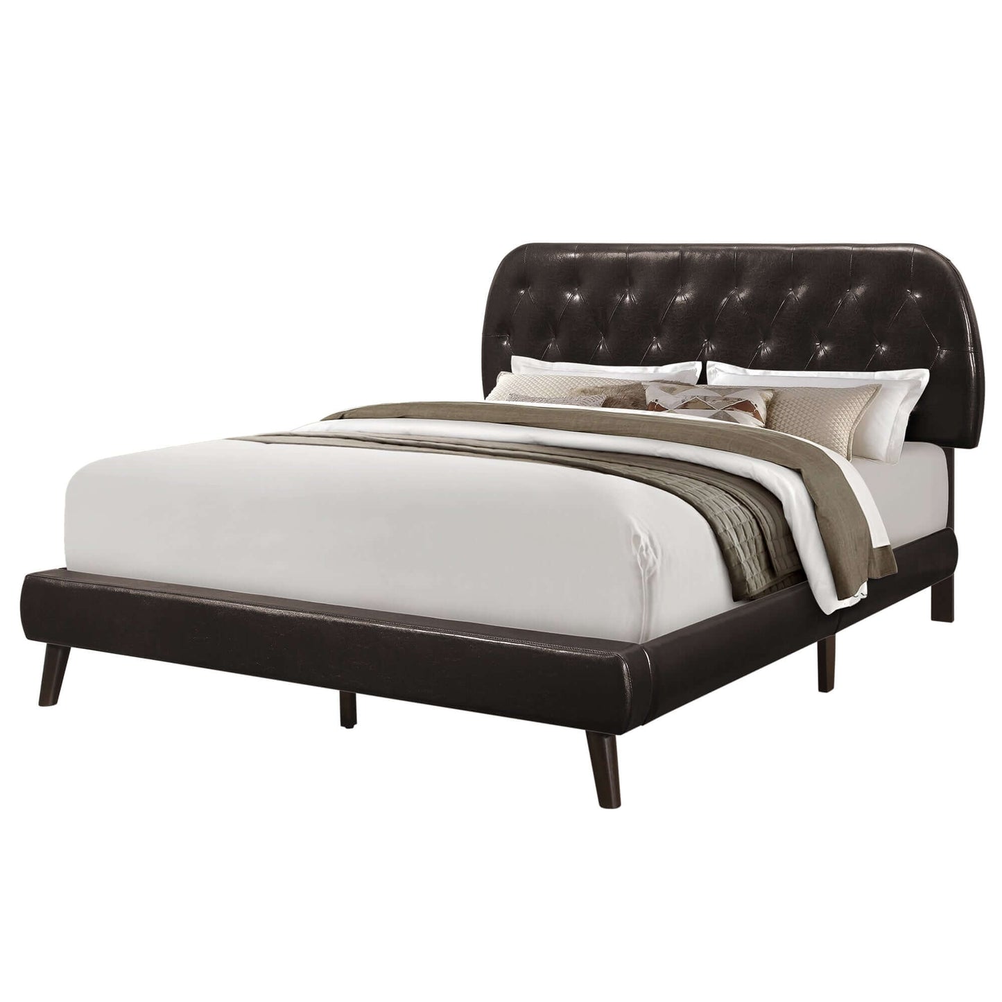 Upholstered Bed in Brown Leather Look with Dark brown Wood Legs