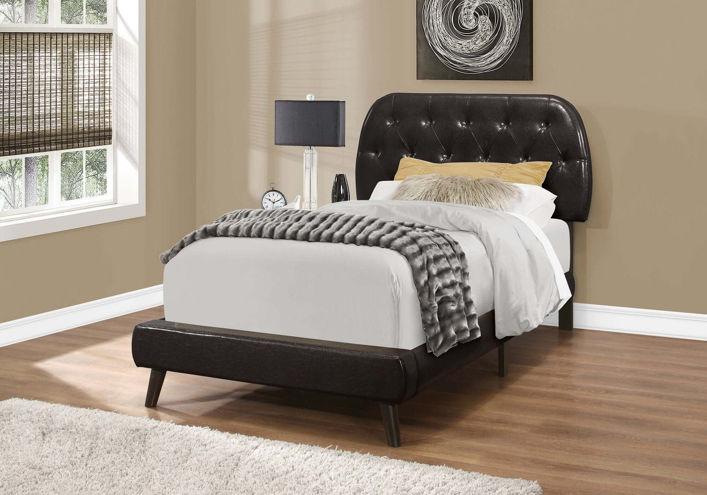 Upholstered Bed in Brown Leather Look with Dark brown Wood Legs