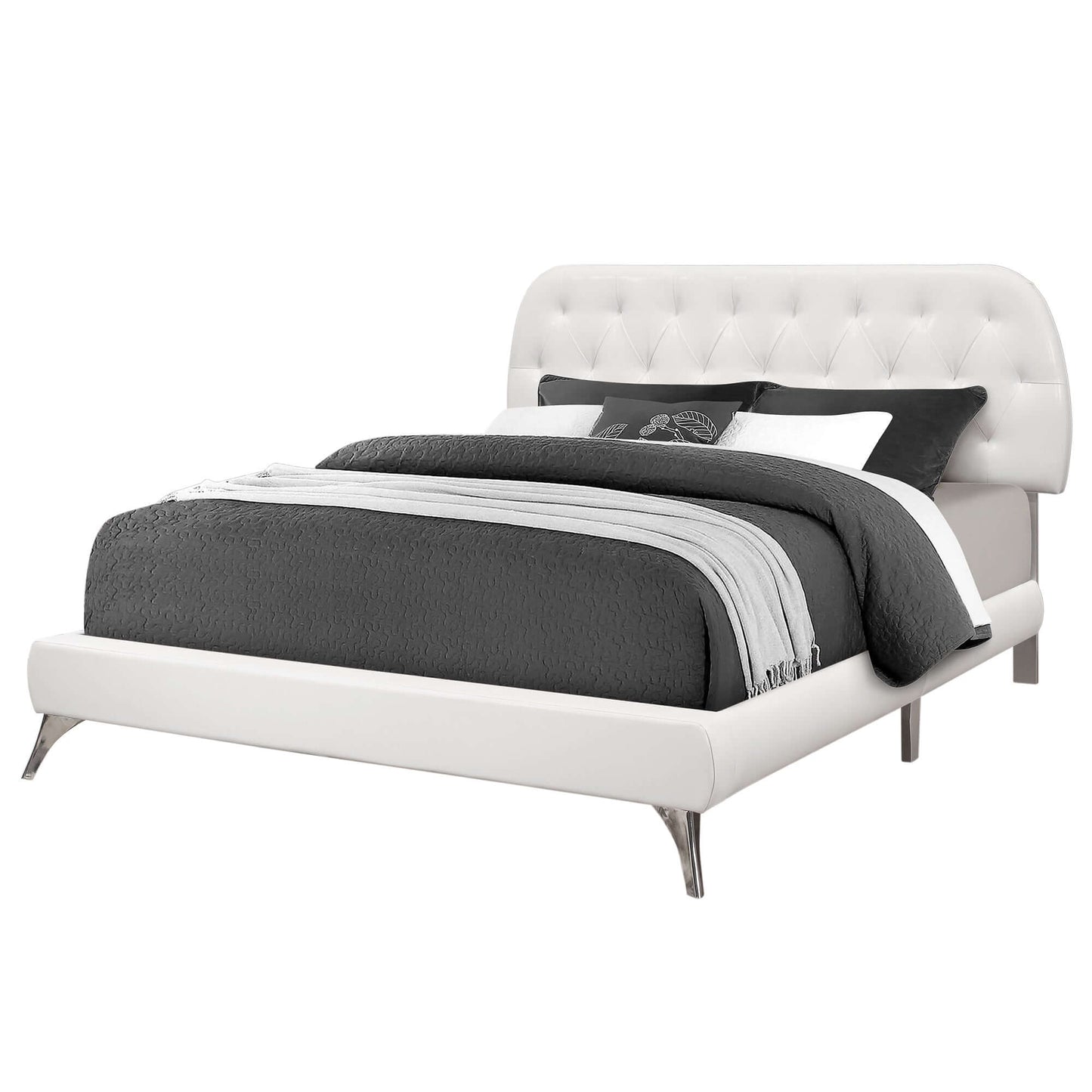 Transitional Upholstered Bed in White Leather Look with Chrome Wood Legs