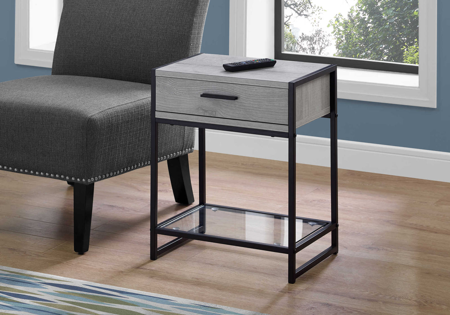 18"L/22"H Modern Laminate Nightstand with Metal Frame and Glass Shelf
