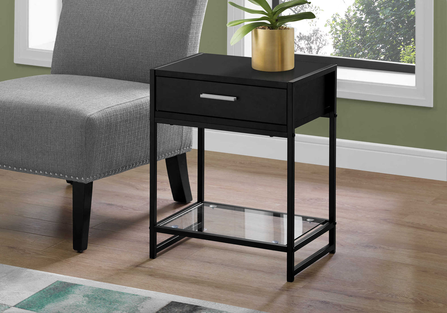 18"L/22"H Modern Laminate Nightstand with Metal Frame and Glass Shelf