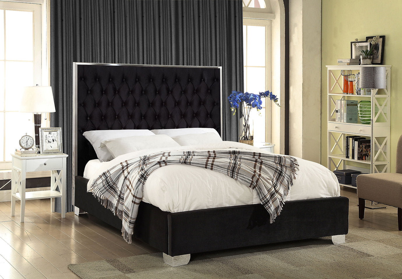 Velvet Fabric Upholstered Bed Frame with Deep Tufting and Chrome Trim