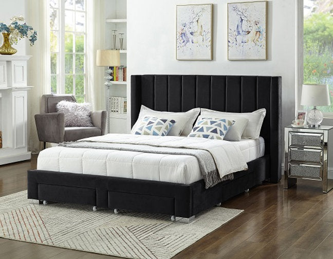 Modern Velvet Upholstered Storage Bed Frame with Wing Headboard