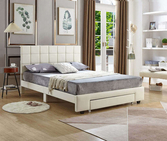 White PU Bed with a Square Pattern Tufted Headboard and Storage Drawer