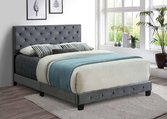 Modern Velvet Upholstered Bedframe with Nailhead & Rhinestone Details
