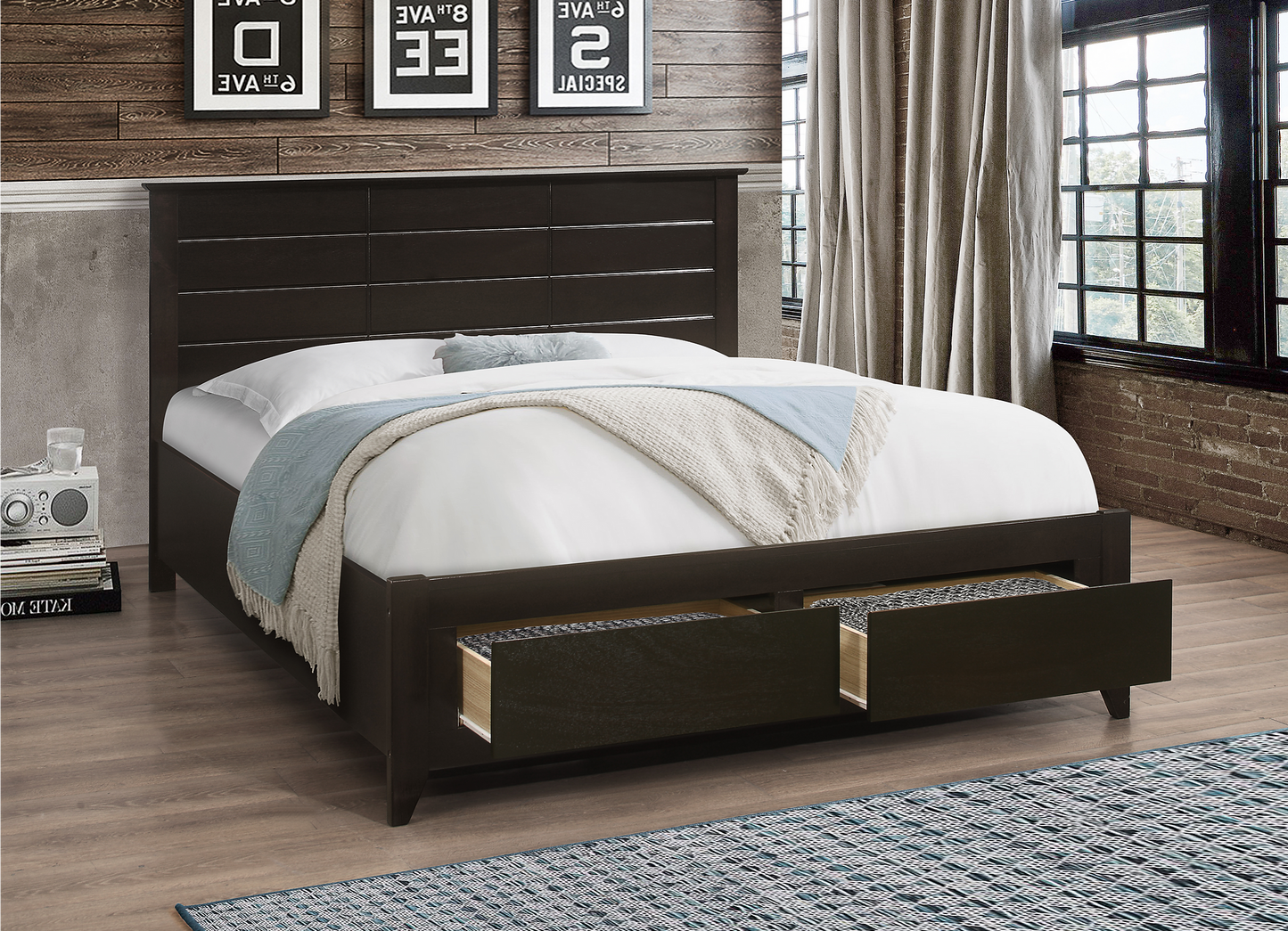 Modern Wood Panel Bed Frame with Footboard Storage Drawers