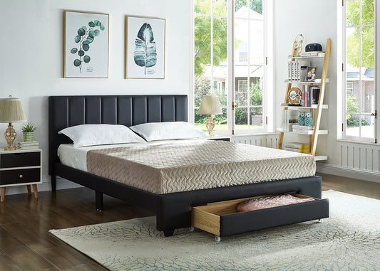 Black PU Bed with Padded Headboard and Storage Drawer