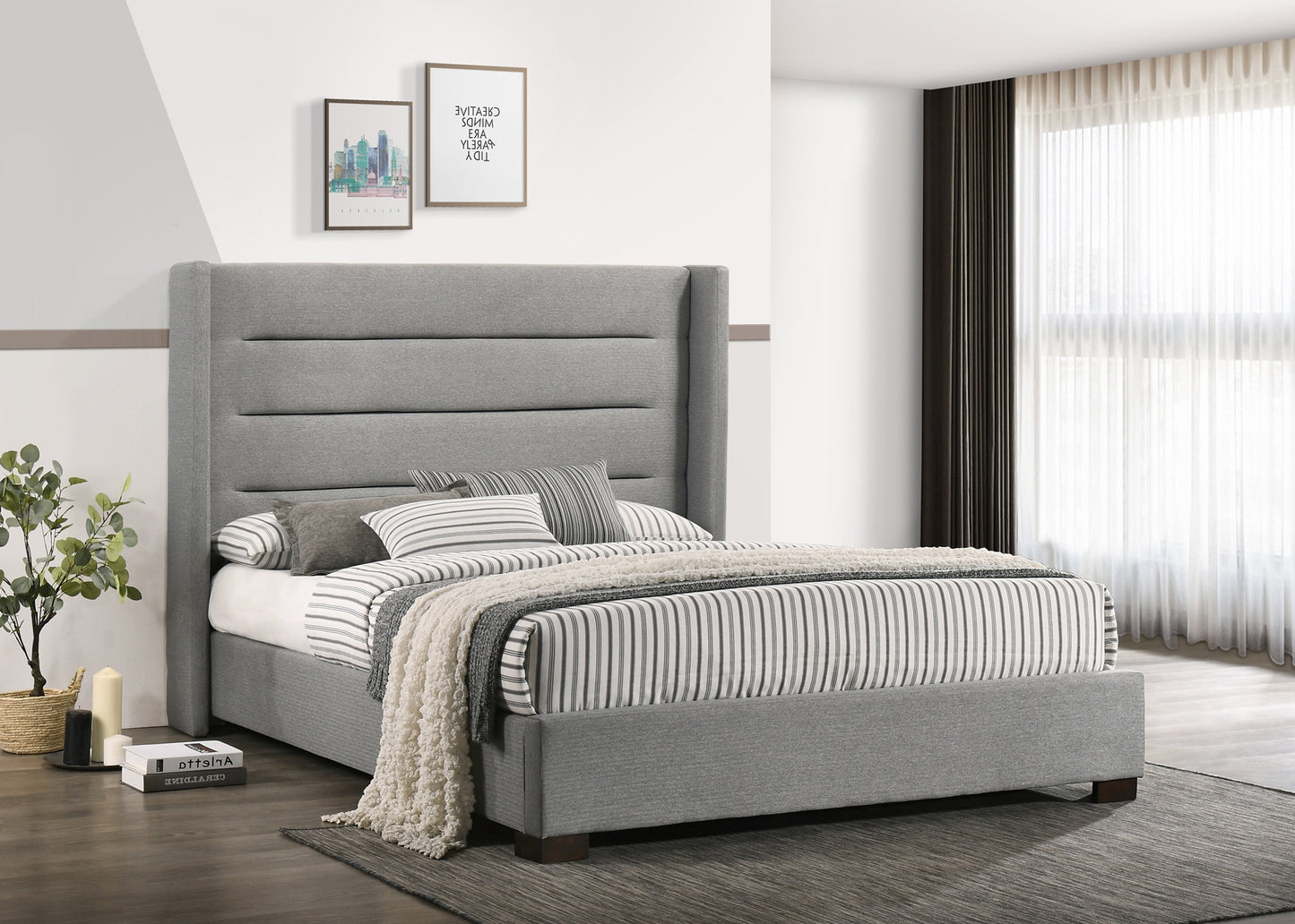 Modern Upholstered Bed Frame with Wingback Headboard & Horizontal Tufted Panels