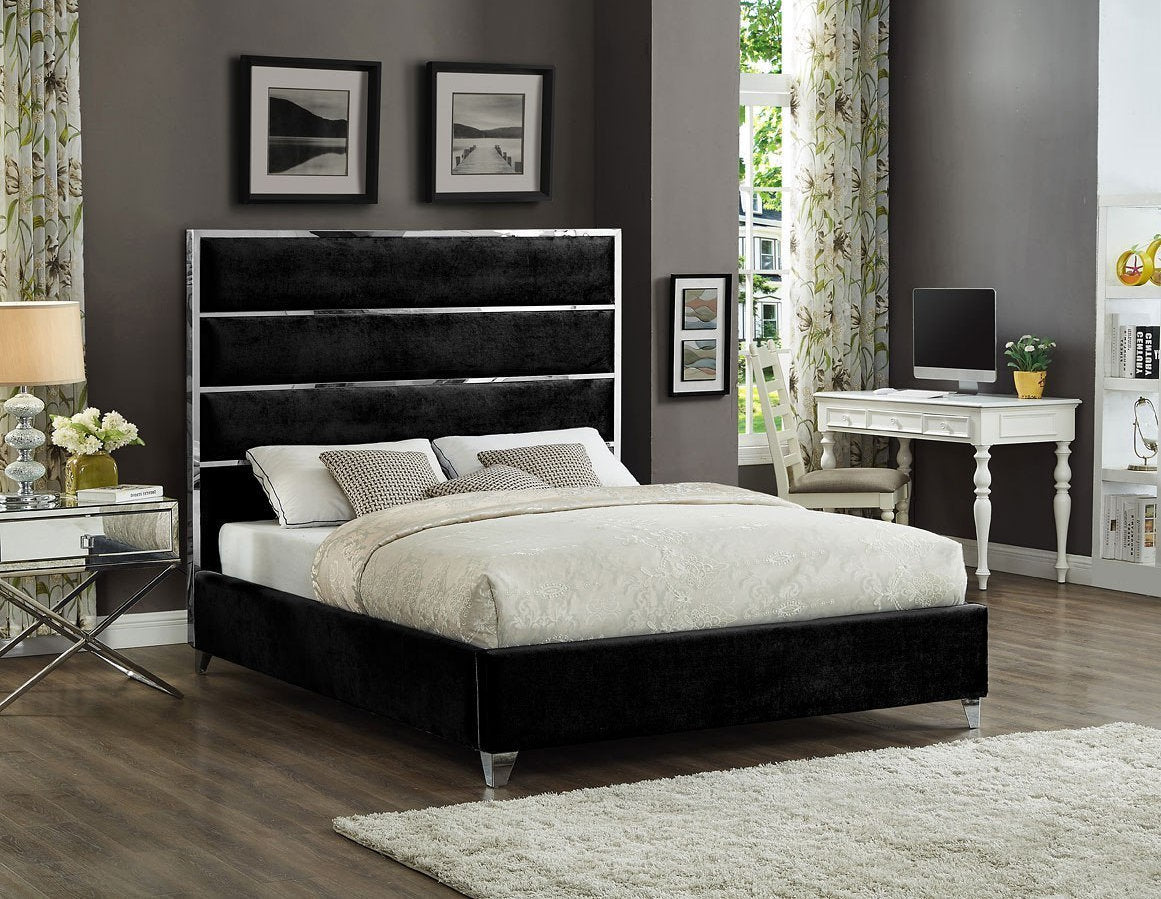 High Velvet Bed with Chrome Channel Headboard Details and Chrome Legs