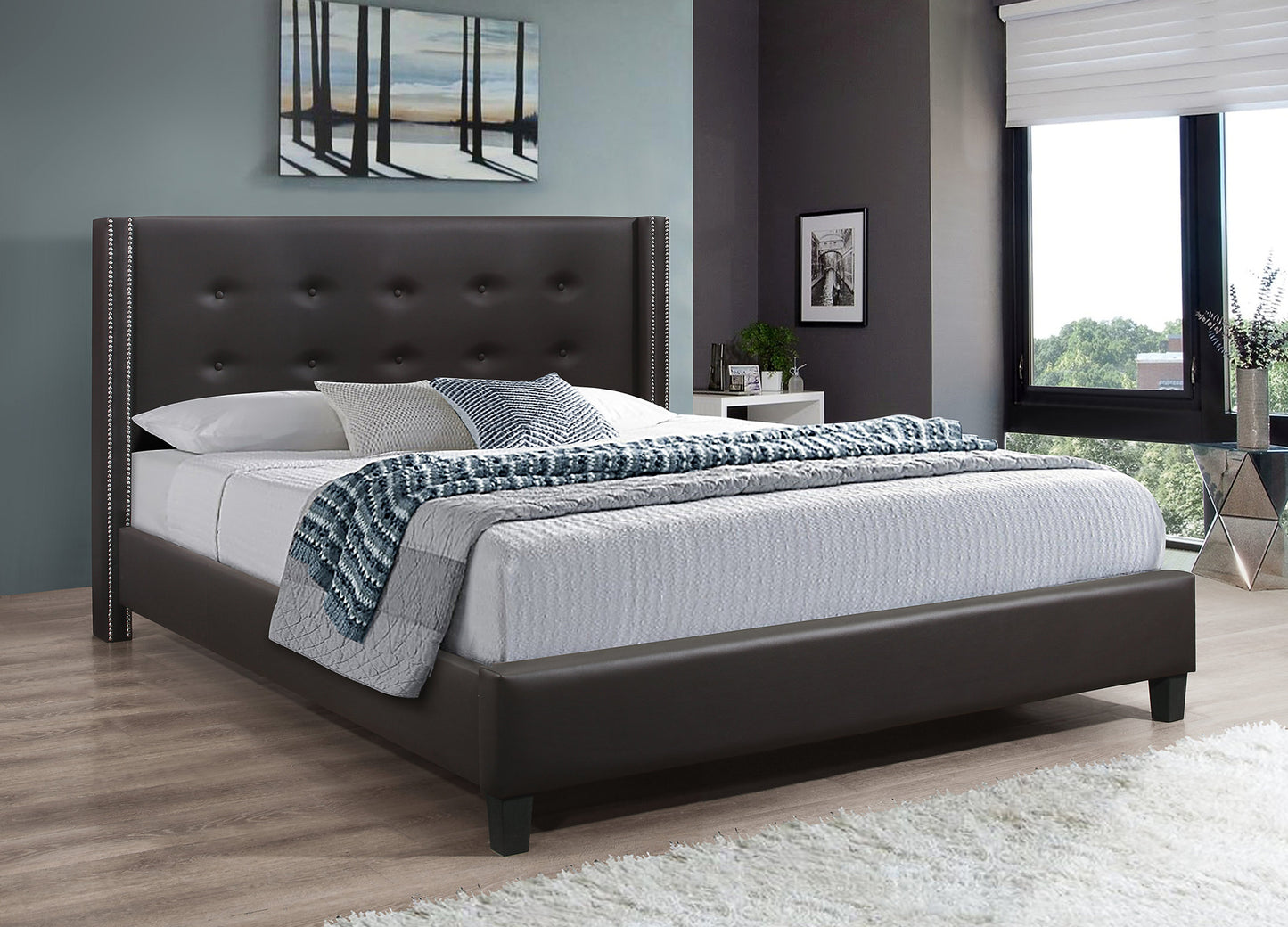 Contemporary Brown PU Leather Platform Bedframe with Nailhead Detail