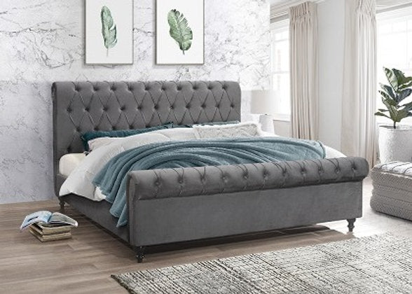 Grey Velvet Sleigh Bed with Diamond Pattern Stitching & Button Tufting