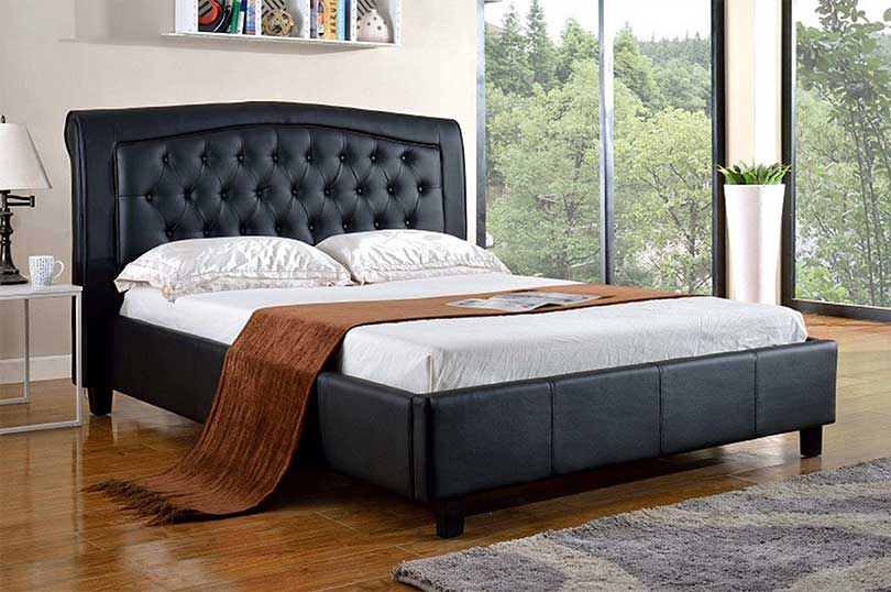 Modern Crowned PU Leather Bed with Tufting Details