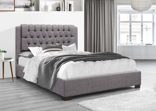 Grey Fabric Bed with Deep Button Tufting on Headboard