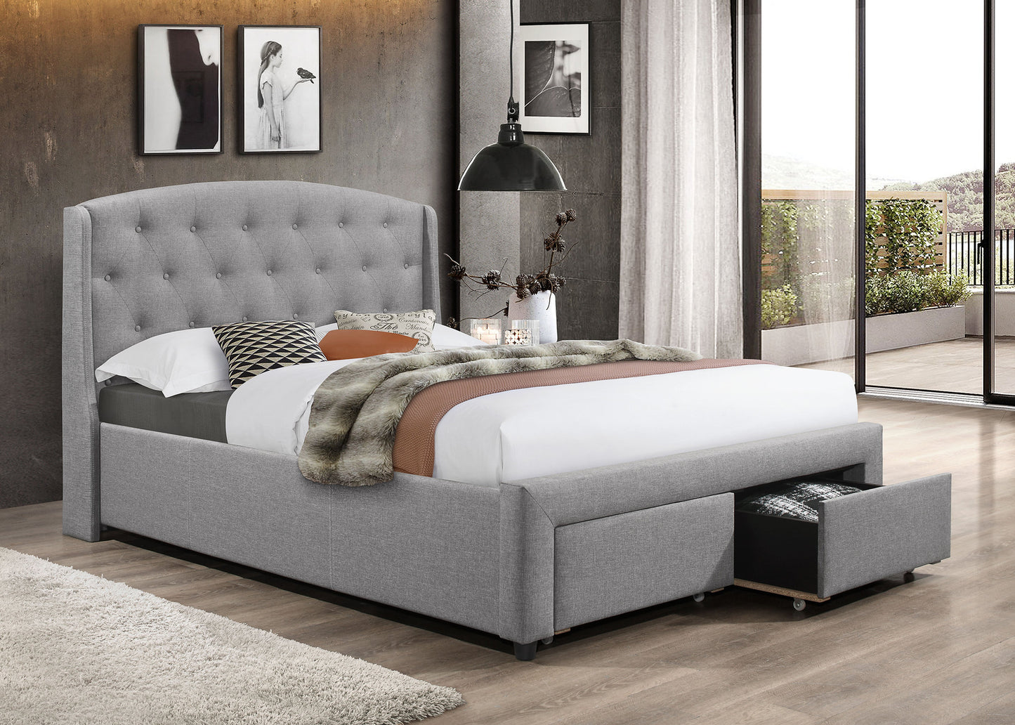Modern Upholstered Bed Frame with 2 Front Pull-out Storage Drawers