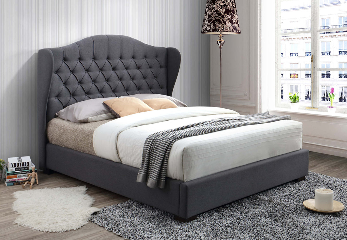 Grey Fabric Bed with Crowned Wingback Headboard