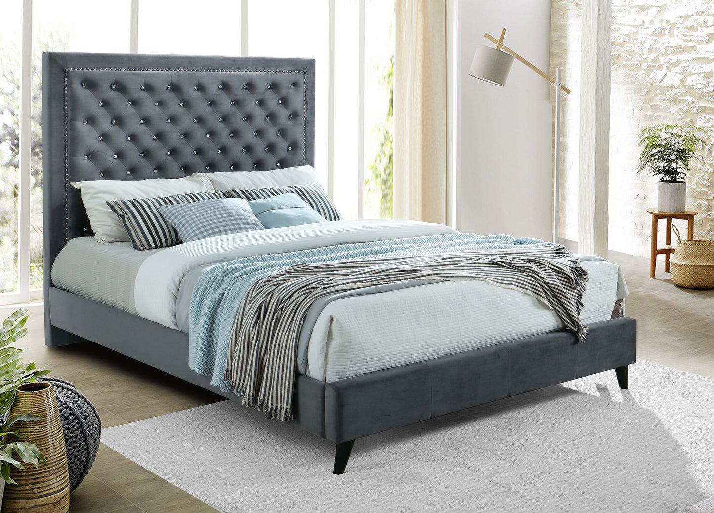 Grey Velvet Bed with Deep Rhinestone Tufting and Nailhead Details