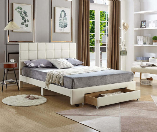 White PU Bed with a Square Pattern Tufted Headboard and Storage Drawer