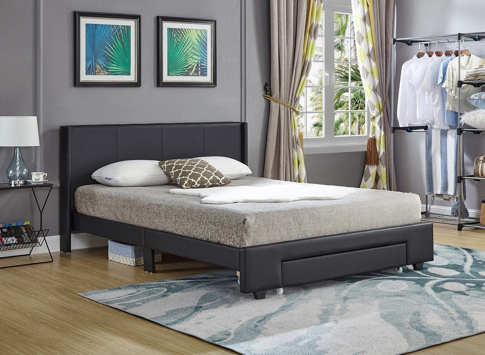 Fully Upholstered Wing Bed with Front Storage Drawer