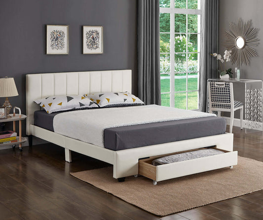 White PU Bed with Padded Headboard and Storage Drawer