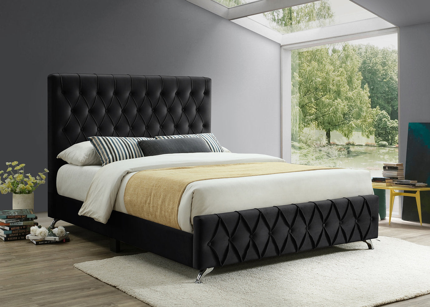 Contemporary Velvet Upholstered Bedframe with Diamond Pattern Details