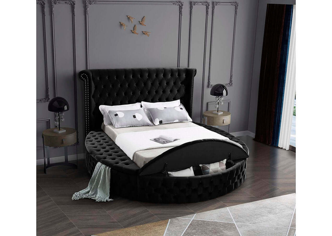 Velvet Fabric Storage Bed Featuring Deep Tufting and Nailhead Details