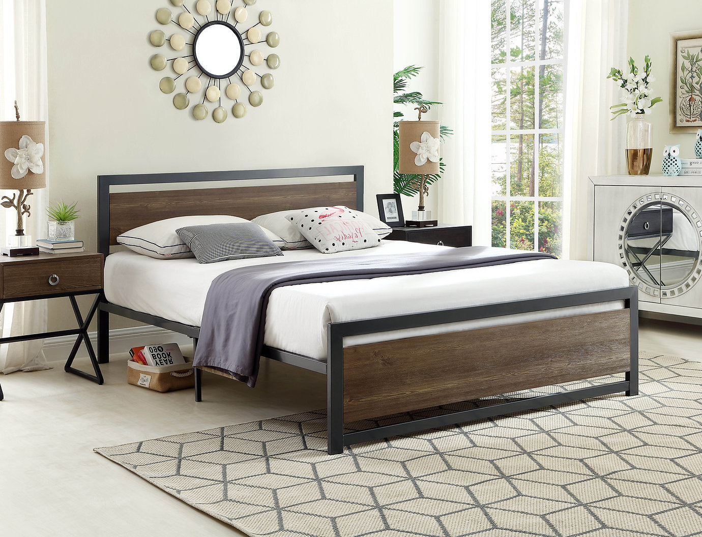 Modern Metal Bed Frame Made from Solid Steel and Wood Panel