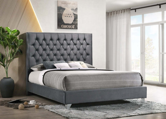 Grey Velvet Bed with Diamond Pattern Button Details and Chrome Legs