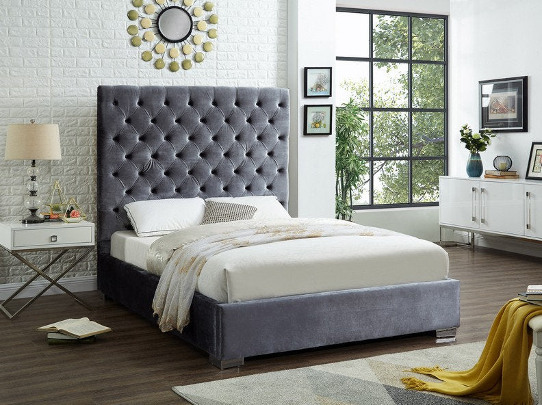 Contemporary Grey Velvet Bed Frame with Deep Button Tufted Headboard