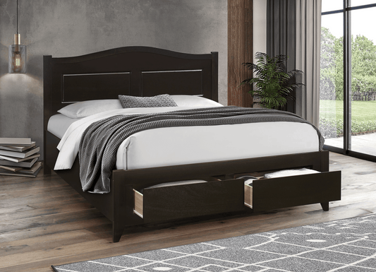 Wood Bed Frame with Crowned Headboard & Footboard Storage Drawers