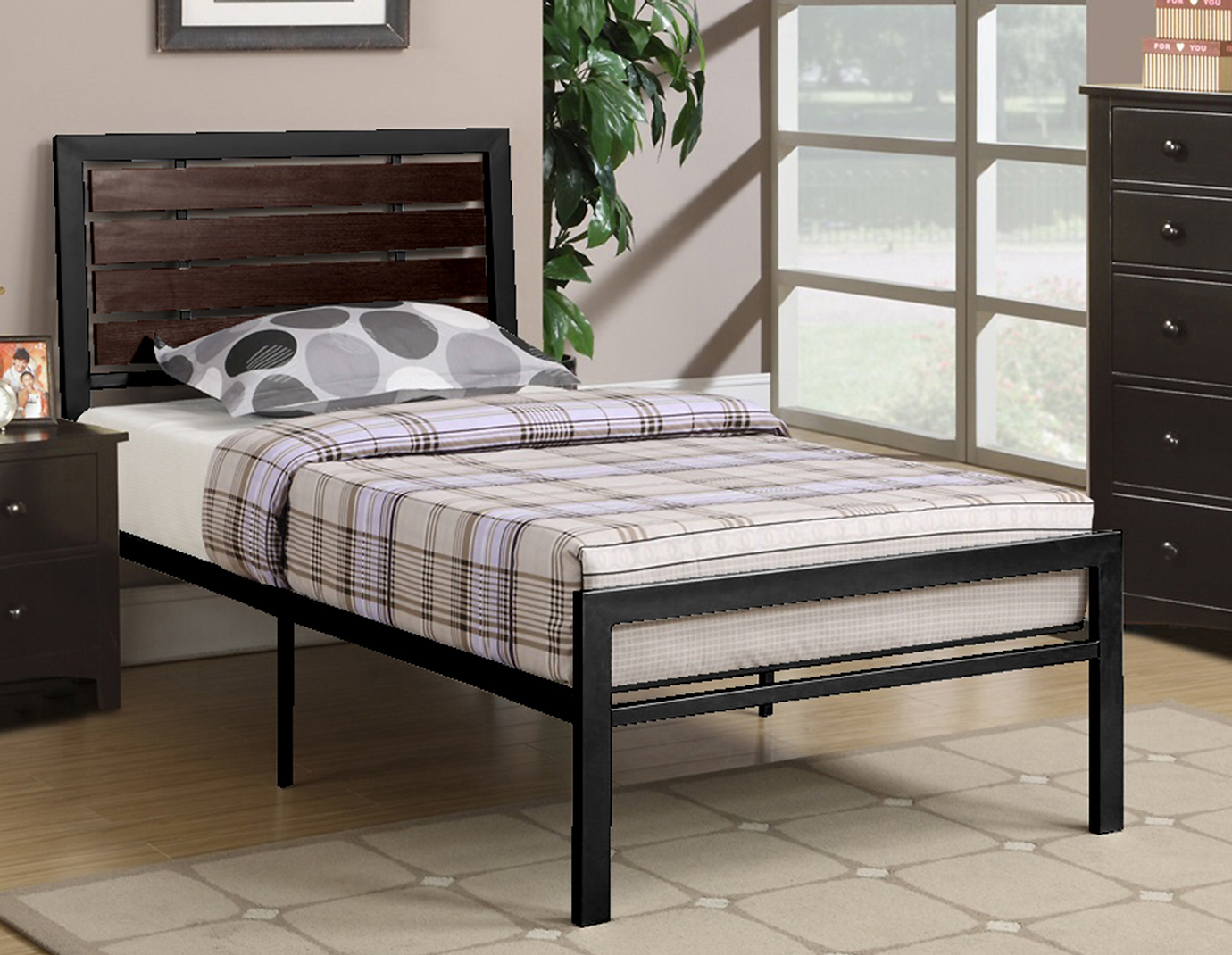 Sleek Modern Metal Bed with Wood Panel Headboard