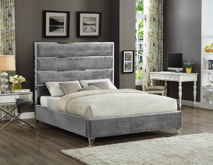 High Velvet Bed with Chrome Channel Headboard Details and Chrome Legs