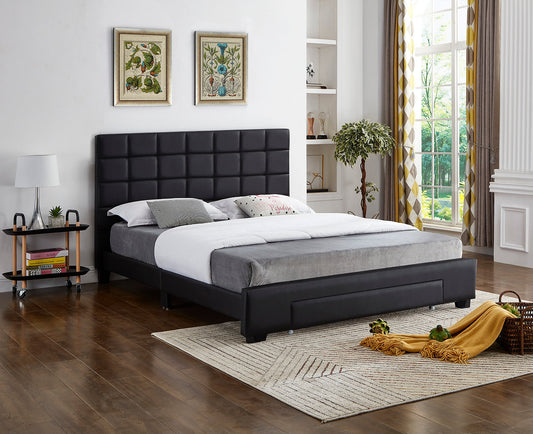 Black PU Bed with a Square Pattern Tufted Headboard and Storage Drawer