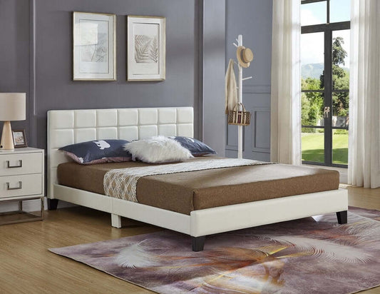 White PU Bed with a Square Pattern Tufted Headboard